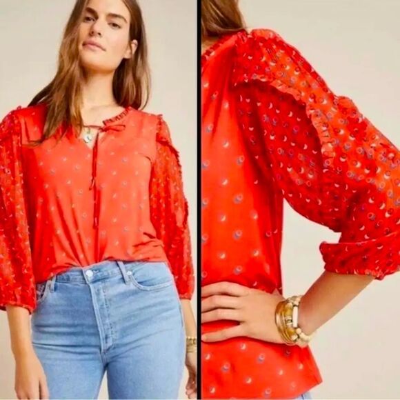 Maeve Jacquin Peasant Blouse Sparkle Ruffle Top Tangerine Size S - Picture 2 of 12